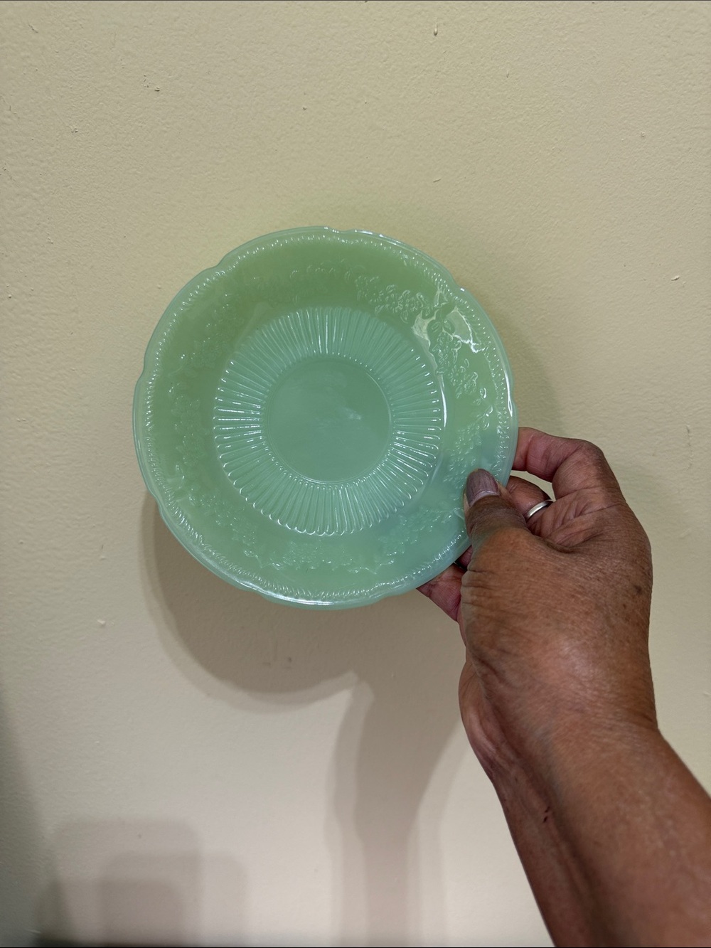 Anchor Hocking Fire-King Alice pattern saucer in jadeite green glass 6”